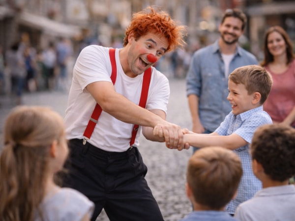Clown spielt mit einem Jungen