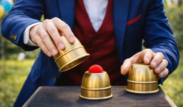 Zaubertrick mit Bällen und Bechern